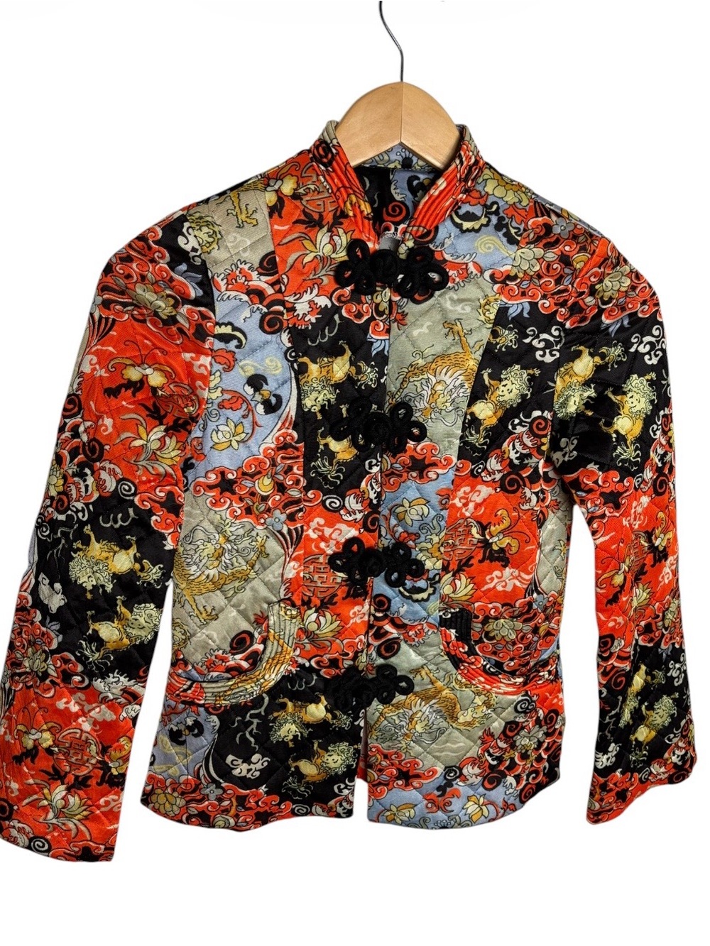 Vintage oriental orange & black dragon quilted mandarin jacket fits like S